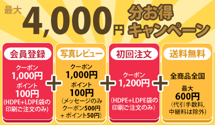 最大4,000円イベント! 会員登録クーポン1,000円+写真レビュークーポン2,100円+初回注文クーポン1,250円+送料無料最大600円