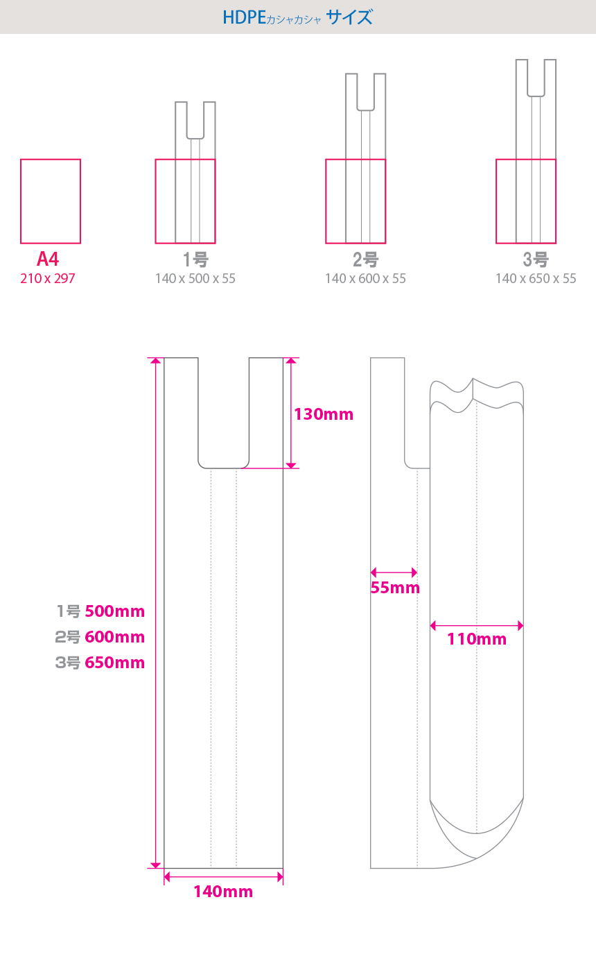 HDPE(カシャカシャ) 一升瓶用レジ袋 サイズ! 1号 140x500x55mm 厚み0.04mm、2号 140x600x55mm 厚み0.04mm、3号 140x650x55mm 厚み0.04mm
