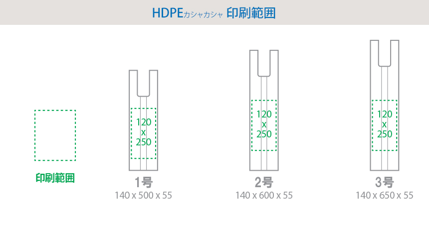 HDPE(カシャカシャ) 一升瓶用レジ袋 印刷範囲! 1号 120x250mm、2号 120x250mm、3号 120x250mm