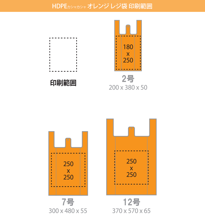 HDPE(カシャカシャ) レジ袋 印刷範囲! 1号 150x250mm、2号 180x250mm、3号 210x250mm、4号 230x250mm、5号 250x240mm、6号 250x250mm、7号 250x250mm、8号 250x250mm、9号 250x250mm、10号 210x250mm、11号 250x250mm、12号 250x250mm、13号 250x250mm